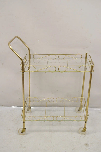 Vintage Mid Century Modern Gold Metal 2 Tier Rolling Bar Tea Cart Server