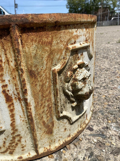 Vintage English Regency Cast Iron 20" Round Lion Heads White Garden Planter Pot