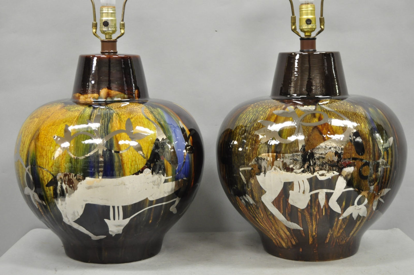 Mid Century Modern Ram Brown Drip Glaze Pottery Table Lamps by Sunset Cosco Pair