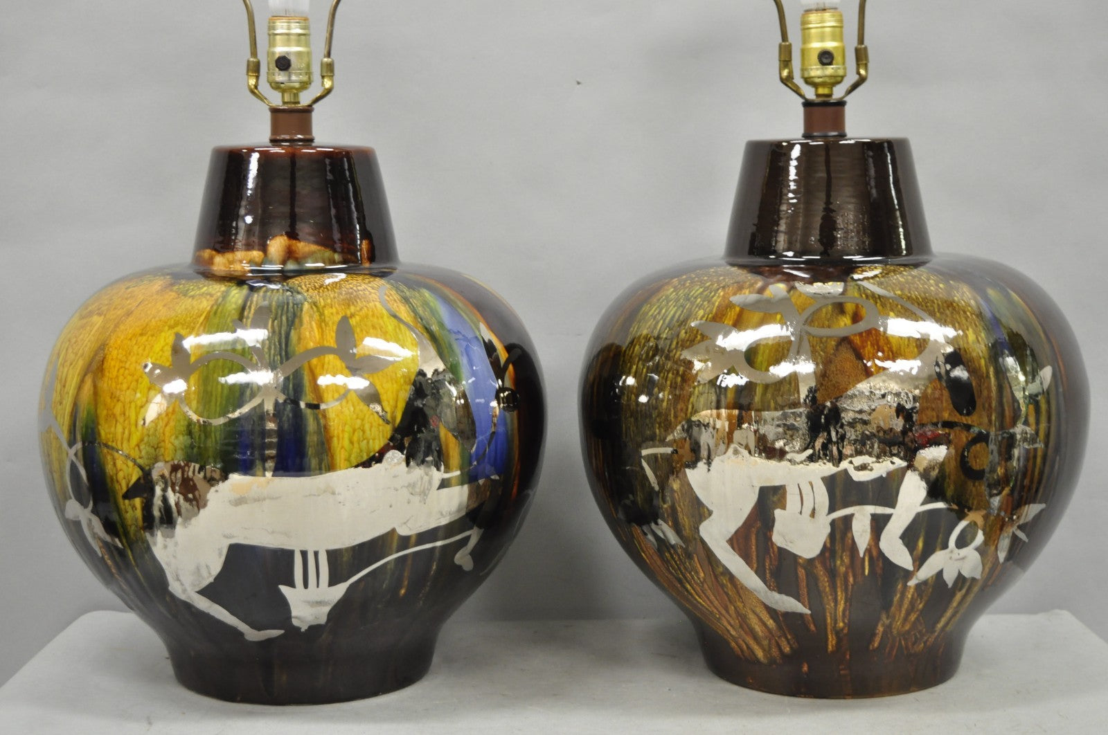 Mid Century Modern Ram Brown Drip Glaze Pottery Table Lamps by Sunset Cosco Pair