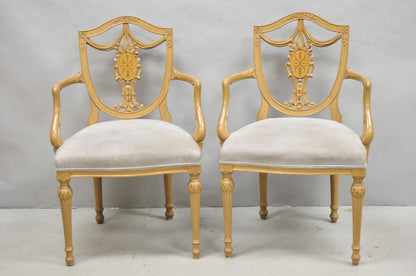 Hepplewhite Prince of Wales Drape Carved Shield Back Dining Arm Chairs - a Pair