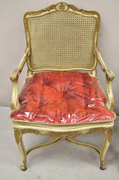 French Louis XV Style Cream Painted Carved Wood Cane Fauteuil Arm Chairs - Pair