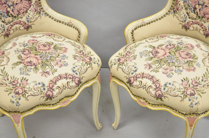 Vintage French Louis XV Style Cream & Pink Painted Boudoir Slipper Chair - Pair