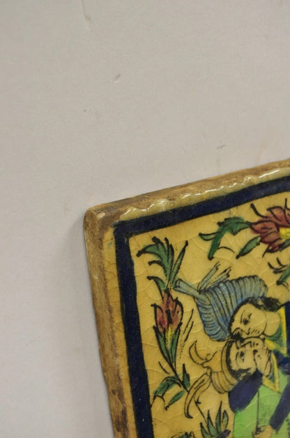 Antique Persian Iznik Qajar Style Ceramic Pottery Tile Blue Man Woman Kissing C2