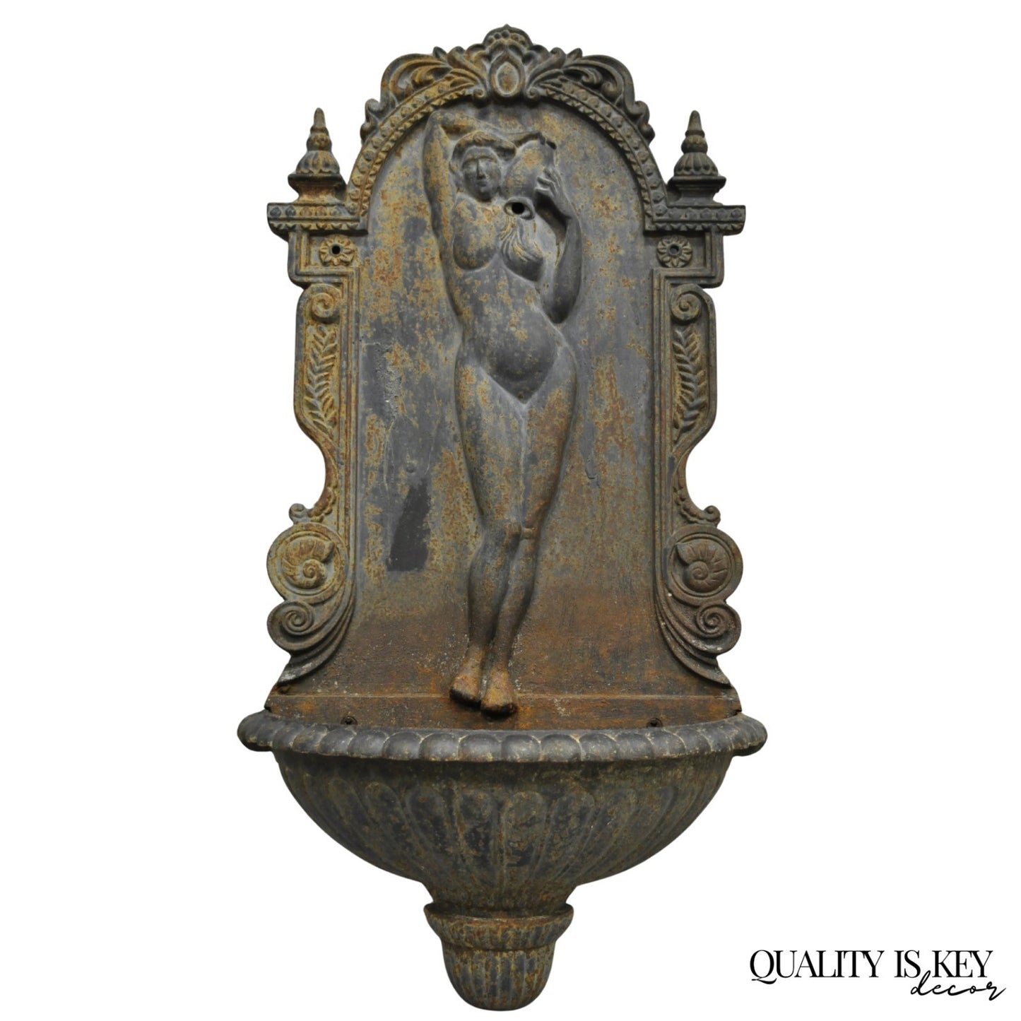 Vintage French Neoclassical Cast Iron Nude Maiden Wall Mounted Garden Fountain
