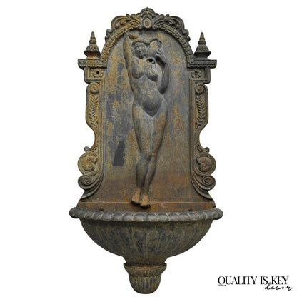 Vintage French Neoclassical Cast Iron Nude Maiden Wall Mounted Garden Fountain