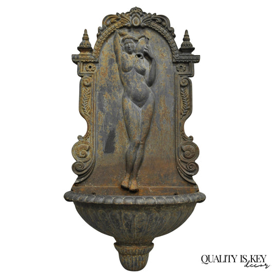 Vintage French Neoclassical Cast Iron Nude Maiden Wall Mounted Garden Fountain
