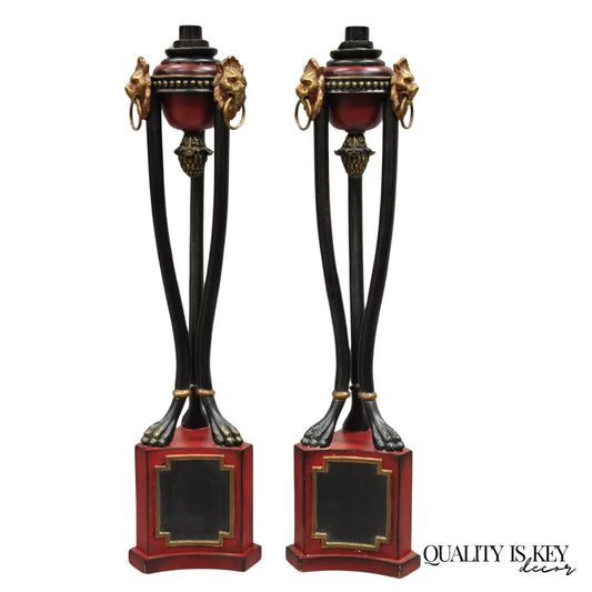Decorator Empire Regency Style Red & Black Metal Lion Candlesticks - a Pair