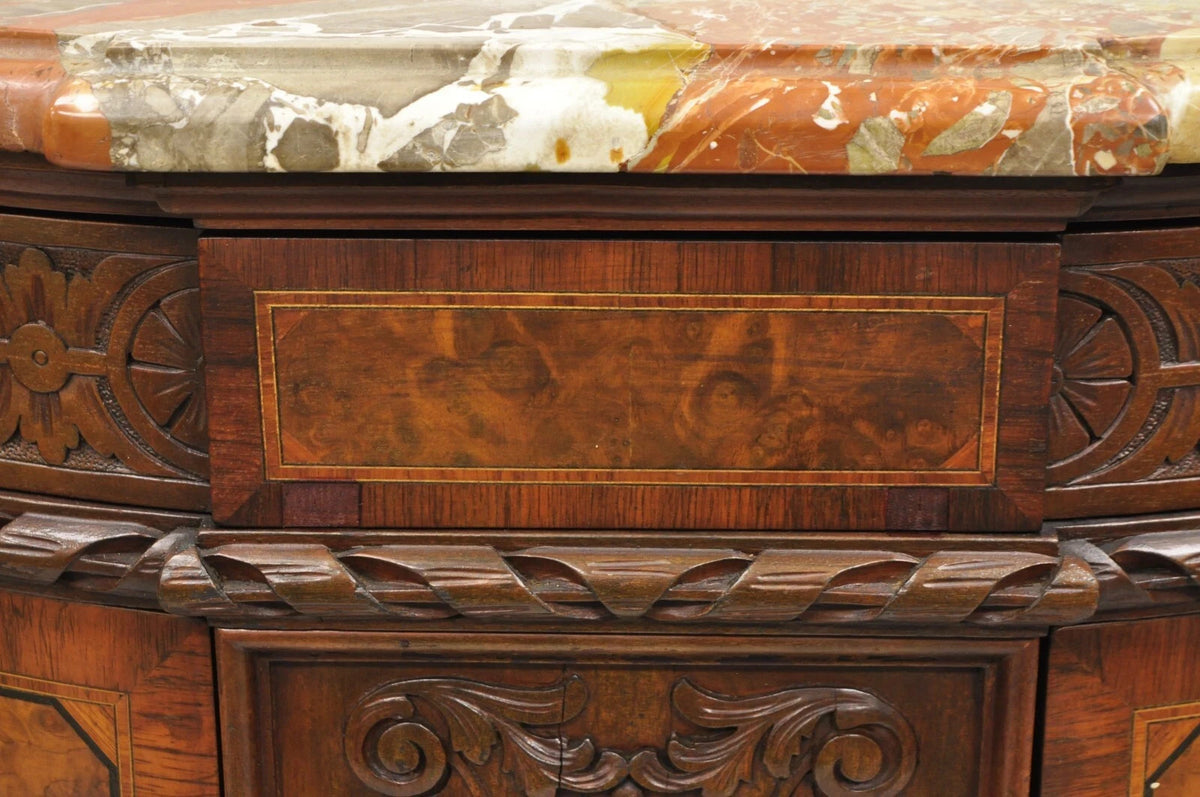 Antique French Louis XV Baroque Burl Walnut Marble Top Commode 5 Drawer Dresser