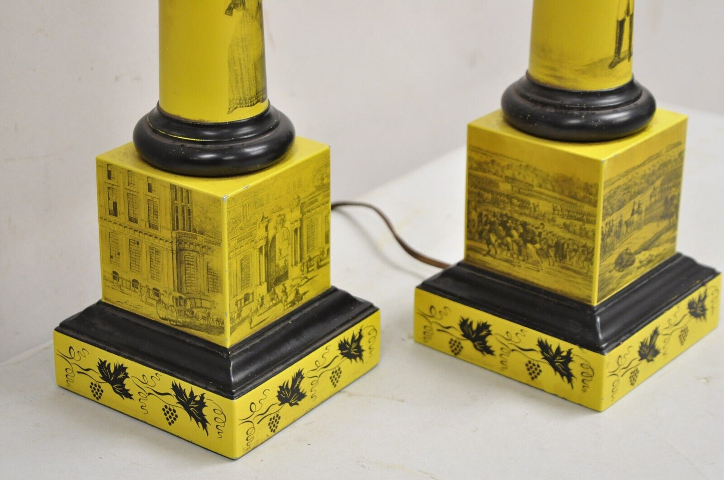 Antique Italian Regency Yellow Painted French Tole Metal Column Table Lamp Pair