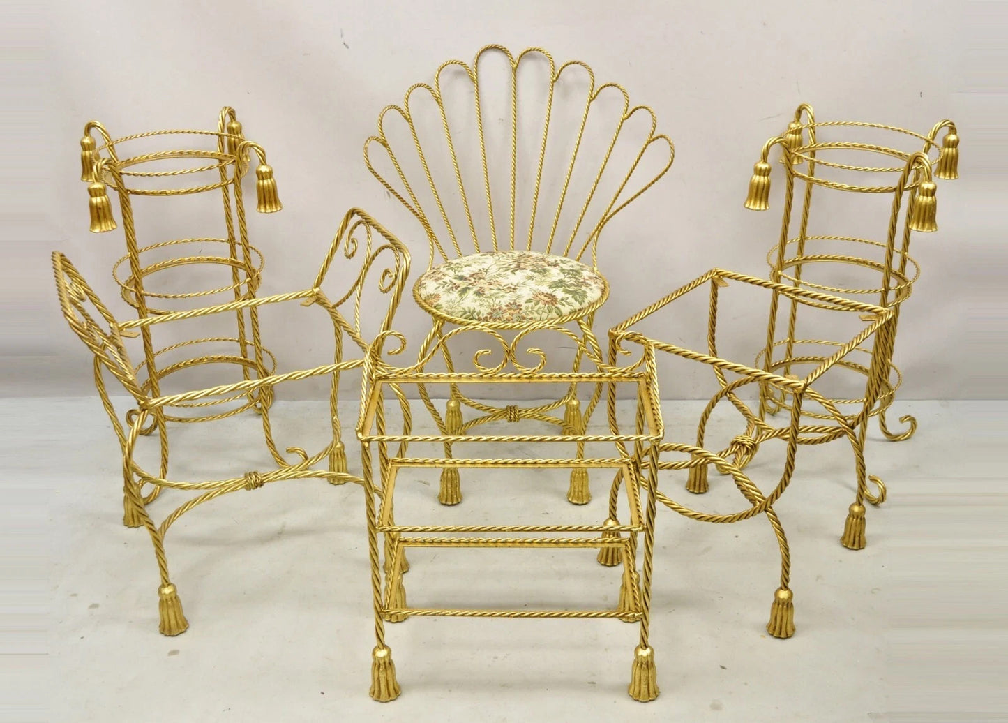 Vintage Italian Hollywood Regency Gold Gilt Iron Rope Tassel Vanity Bench Chair