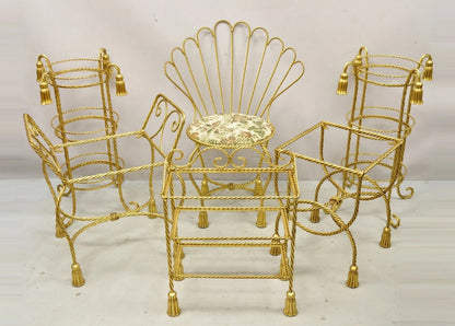 Vintage Italian Hollywood Regency Gold Gilt Iron Rope Tassel Vanity Bench Chair