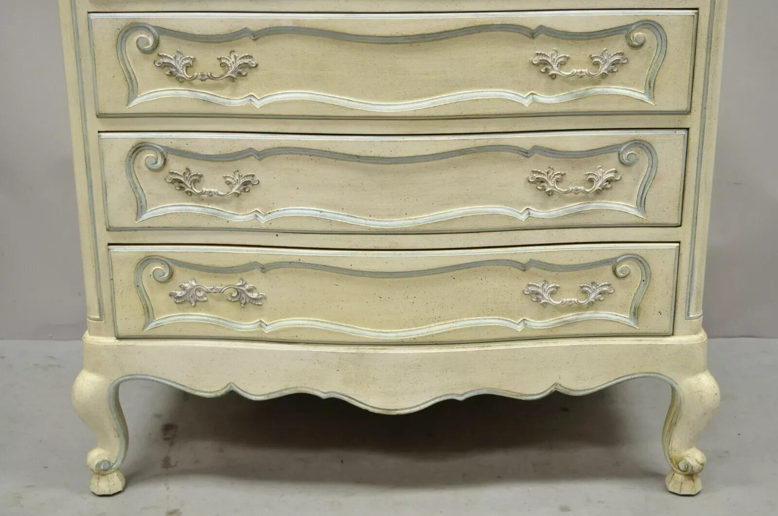 Vintage French Provincial Cream & Blue 9 Drawer Narrow 65" Tall Chest Dresser