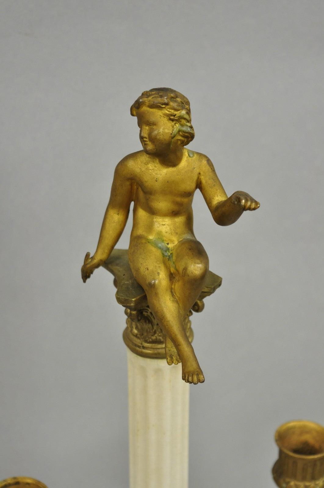 Antique French Neoclassical Bronze Swans Cherub Marble Column Candelabras - Pair