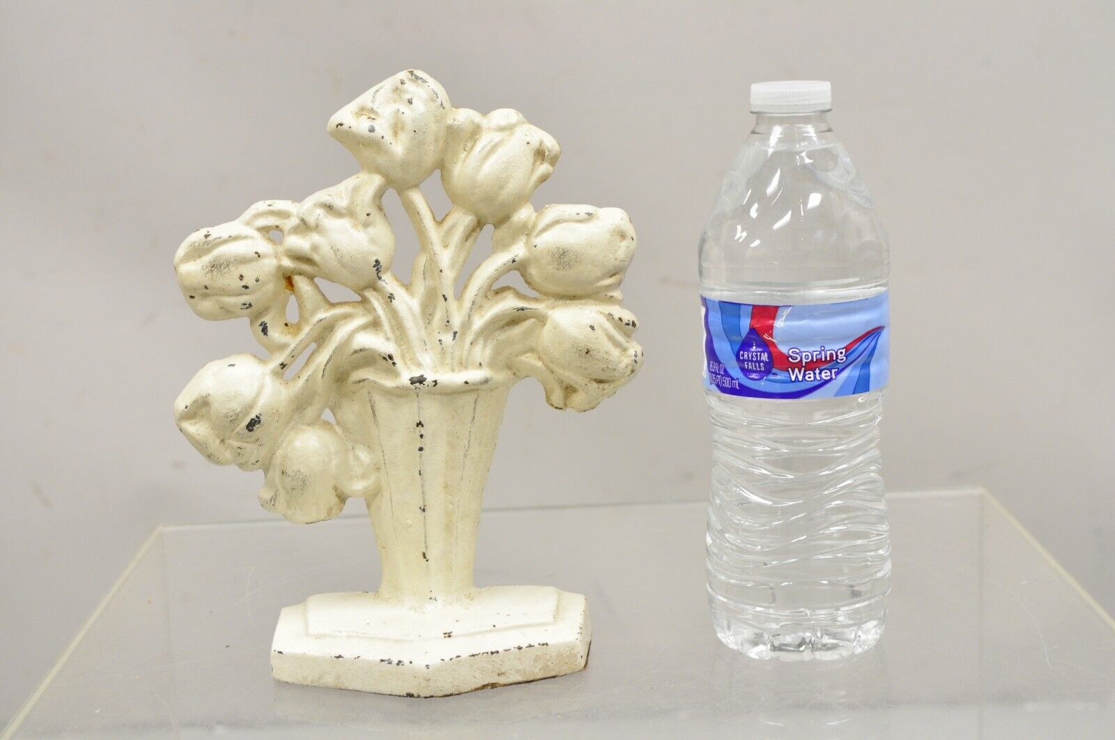 Antique Victorian Cast Iron Figural White Tulip Bouquet Painted Door Stop