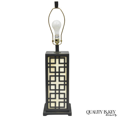Contemporary Chinoiserie Stained Glass Brushed Metal Fretwork Design Table Lamp