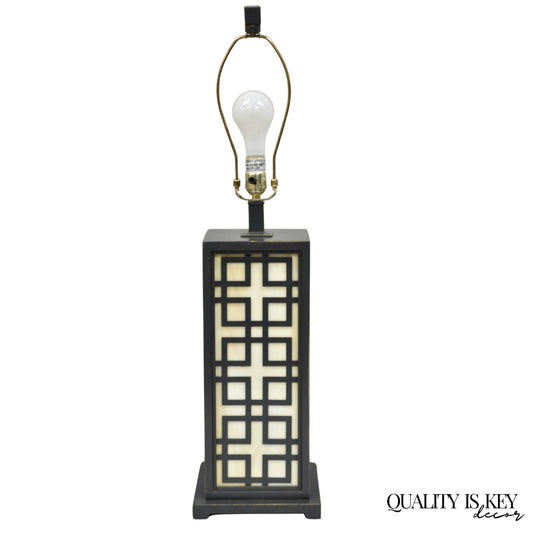 Contemporary Chinoiserie Stained Glass Brushed Metal Fretwork Design Table Lamp
