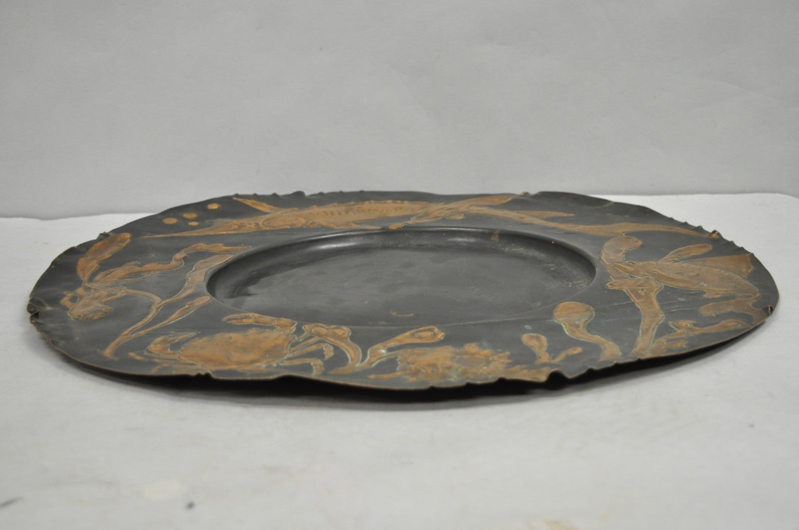 Antique Jugendstil Figural Copper Platter Charger of Fish by Steinicken & Lohr