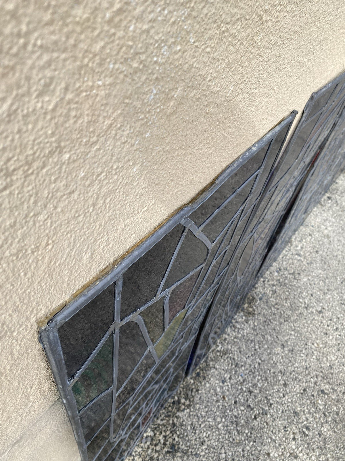 Vintage Art Deco Blue & Red Leaded Stained Glass Church Window w/ Cross - 6 Pcs