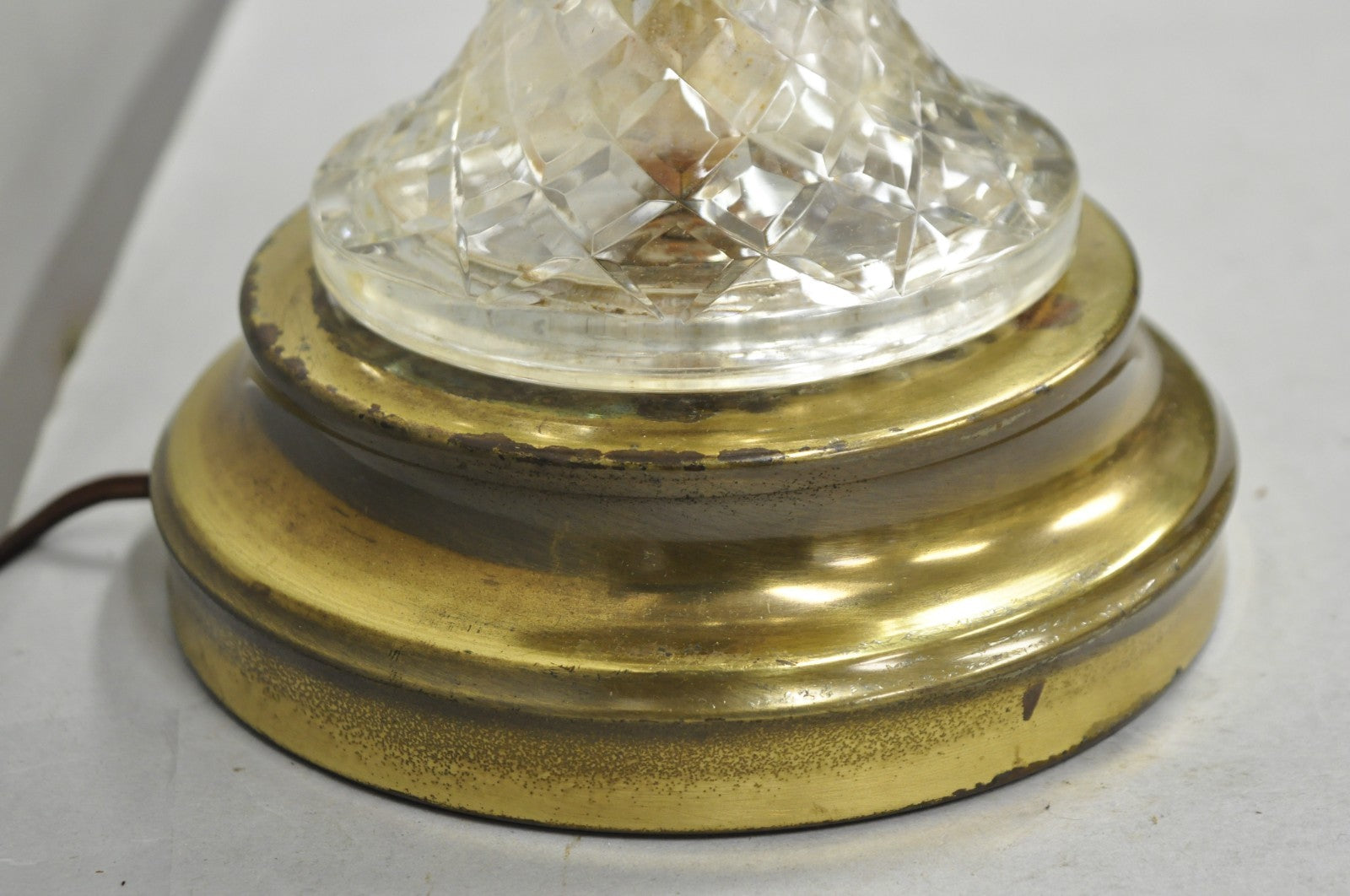 Vintage French Empire Style Crystal Glass Column Brass "Oil Lamp" Table Lamp