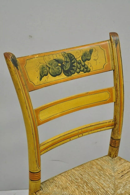 Antique Hitchcock Style Slat Back Rush Seat Yellow Paint Stencil Side Chair (A)