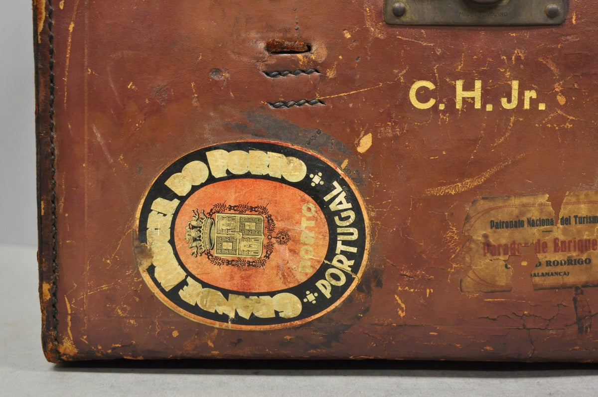 English Art Deco Brown Leather Travel Case Suitcase w/ Cunard Stickers & Top Hat