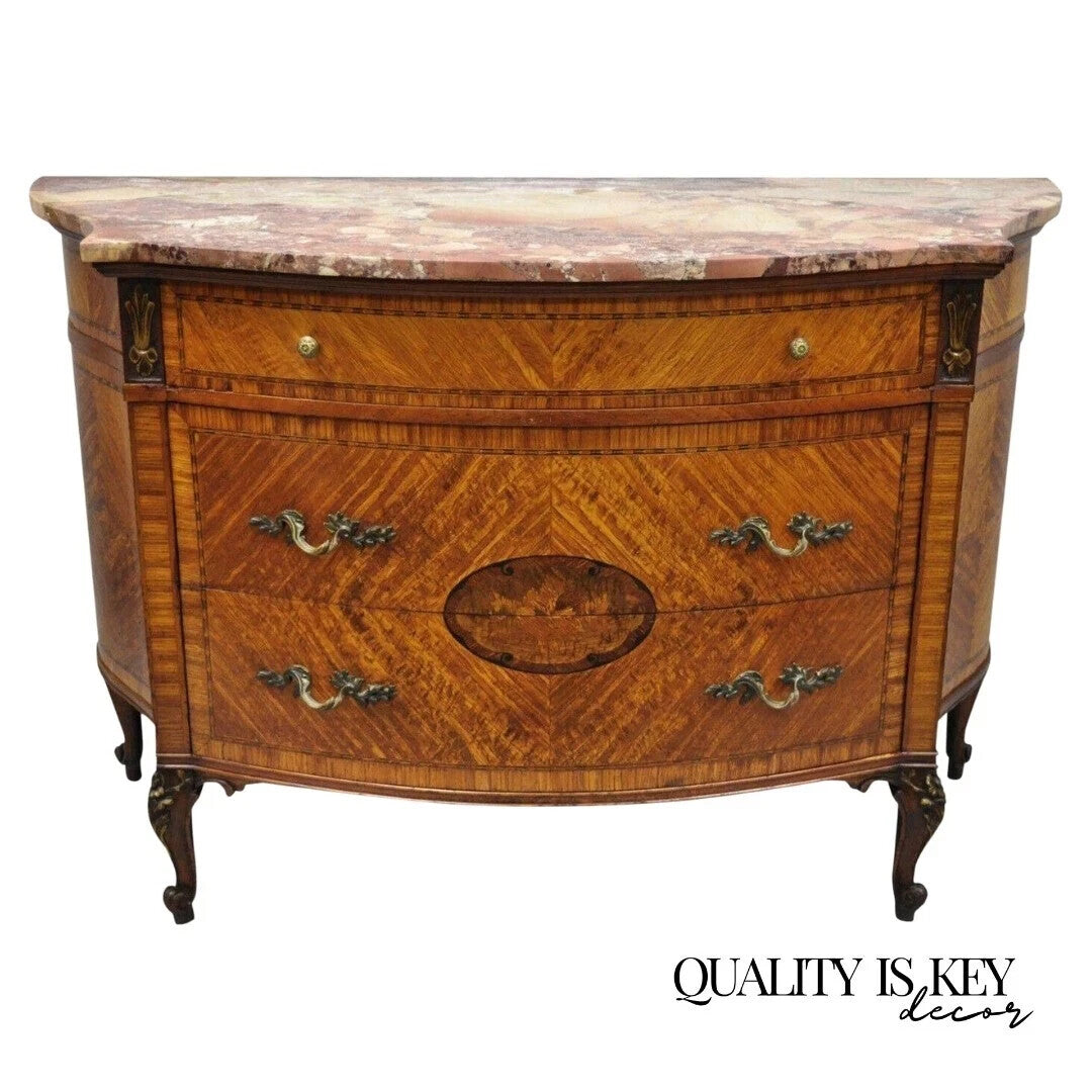 Antique French Louis XV Style Marble Top Satinwood Demilune Commode Dresser