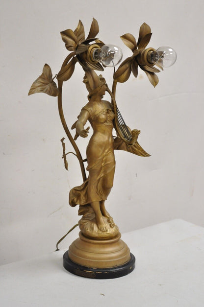 Antique Art Nouveau Auguste Moreau "La Musique" Gold Metal Figural Table Lamp