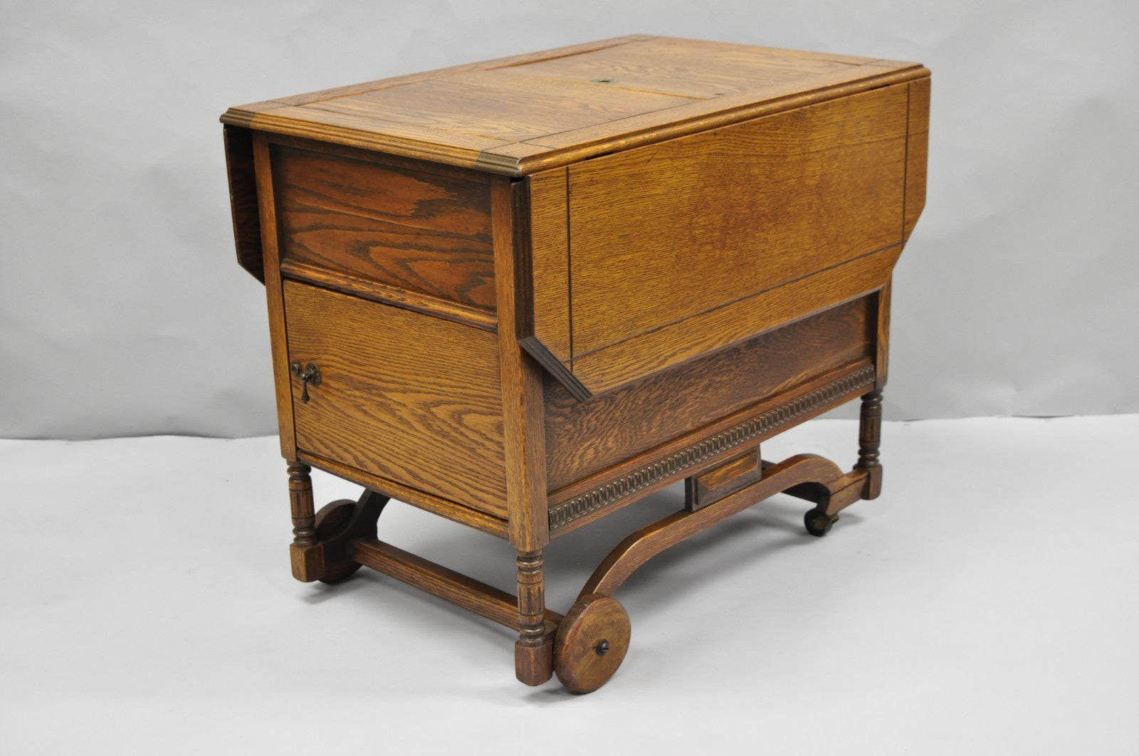 Antique Arts & Crafts Oak Wood Rolling Bar Cart Liquor Cabinet by Lammert's