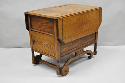 Antique Arts & Crafts Oak Wood Rolling Bar Cart Liquor Cabinet by Lammert's