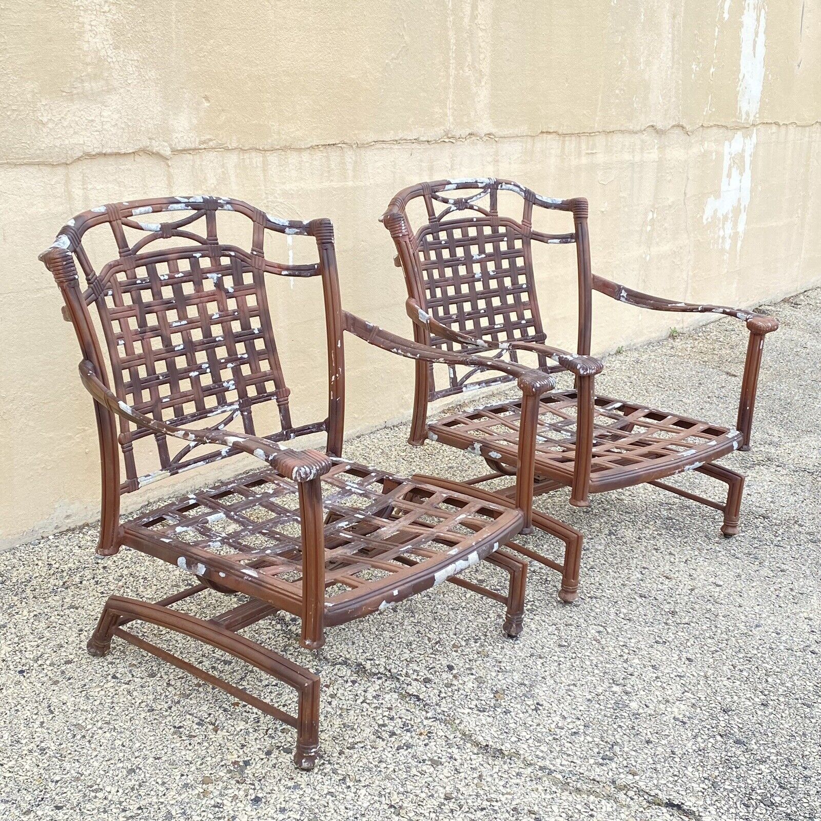 Cast Aluminum Basket Weave Lattice Patio Outdoor Rocking Lounge Chairs - a Pair