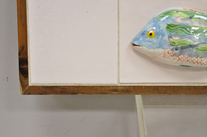Vintage Mid Century Modern Glazed Ceramic Tile Framed Blue Green Fish Wall Art