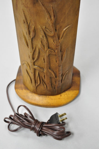 Antique Chinese Carved Solid Teak Wood Block Bamboo Chute Table Lamp