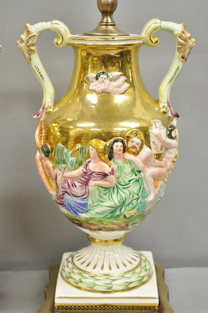 Antique Capodimonte Figural Porcelain Twin Handle Urn Gold Vase Table Lamps Pair