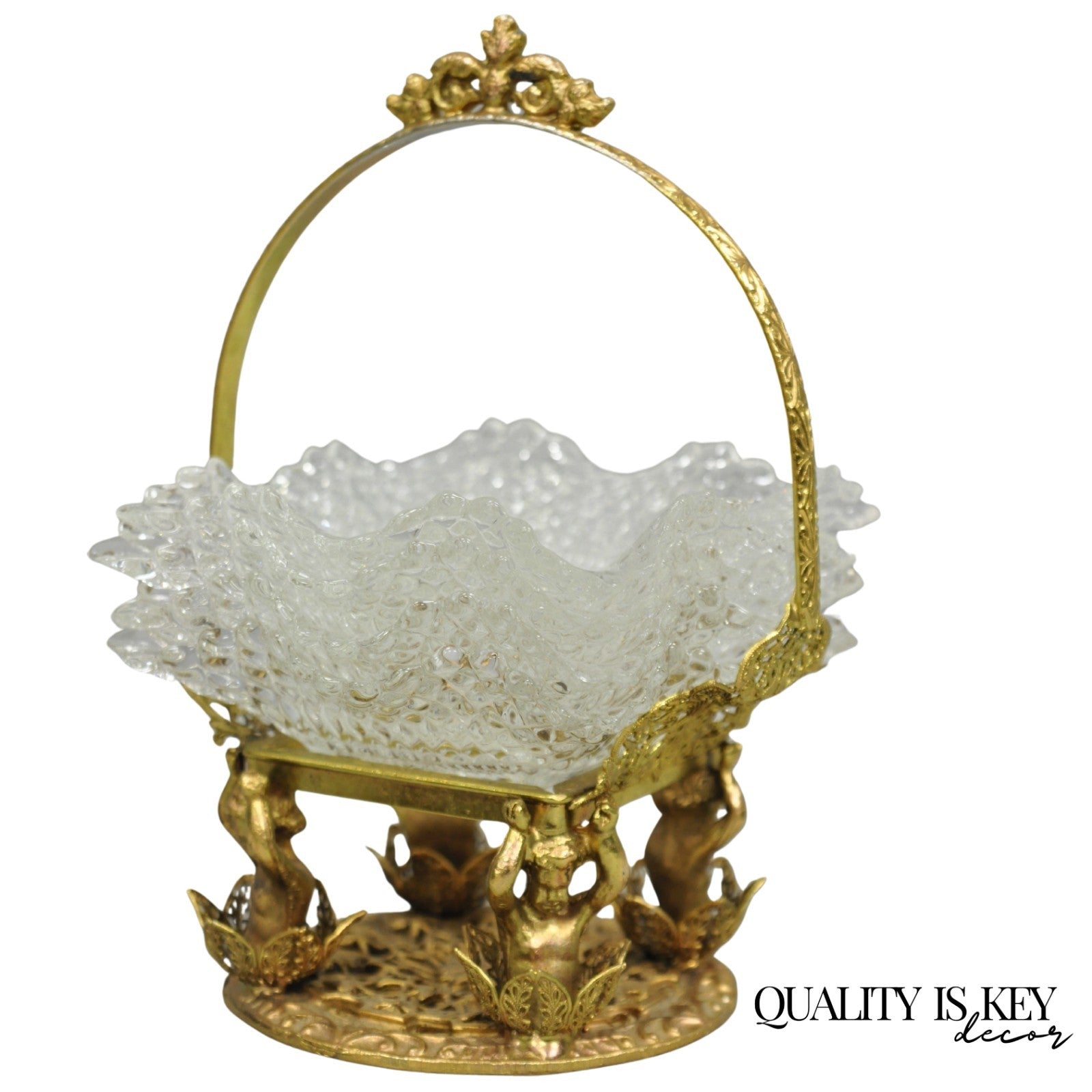 Vintage Brass Filigree Brides Basket Holder w/ Cherubs & 4 Ruffled Glass Dishes