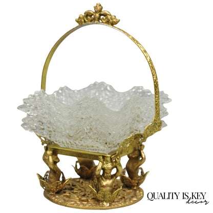 Vintage Brass Filigree Brides Basket Holder w/ Cherubs & 4 Ruffled Glass Dishes