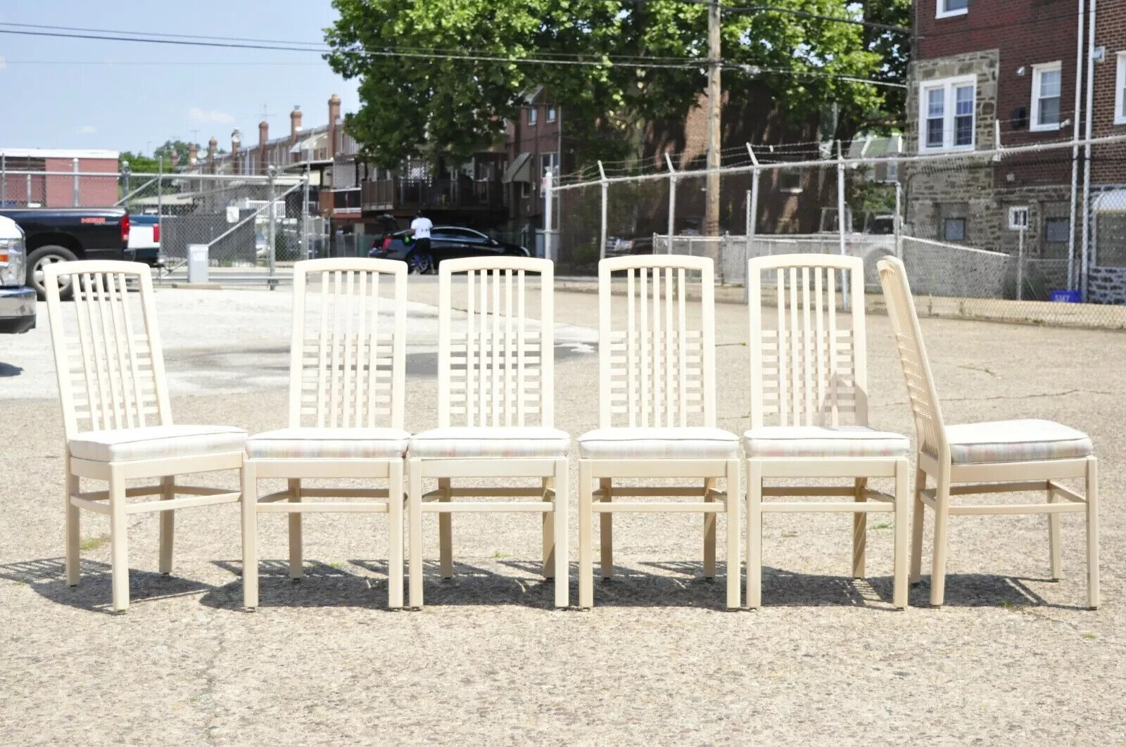 Vintage Postmodern Cream Lacquered Cross Slat Back Dining Side Chairs - Set of 6