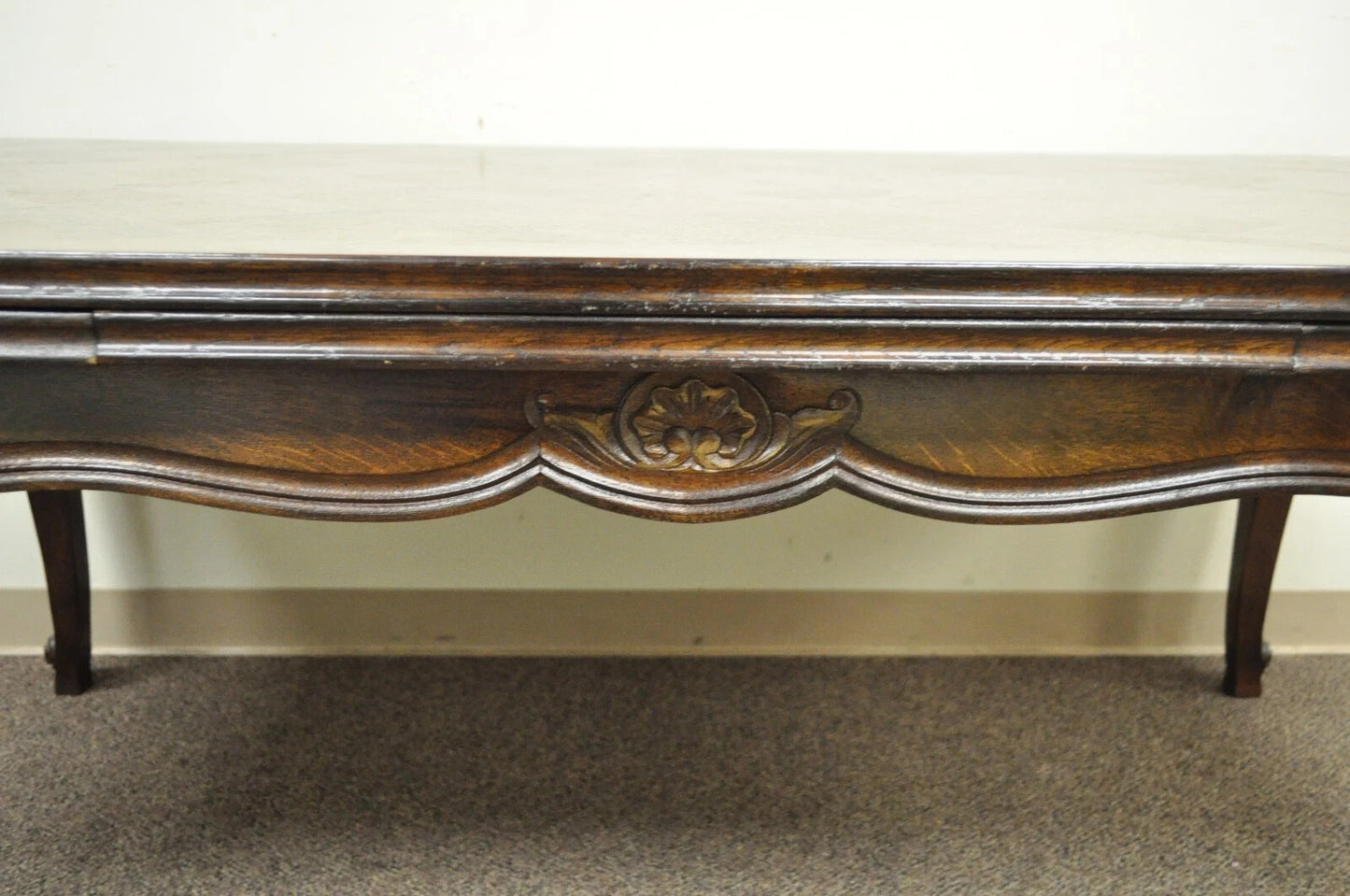 Vintage French Country Oak Parquetry Inlay Refectory Extension Leaf Dining Table