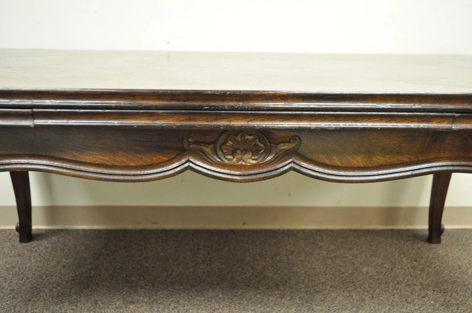 Vintage French Country Oak Parquetry Inlay Refectory Extension Leaf Dining Table