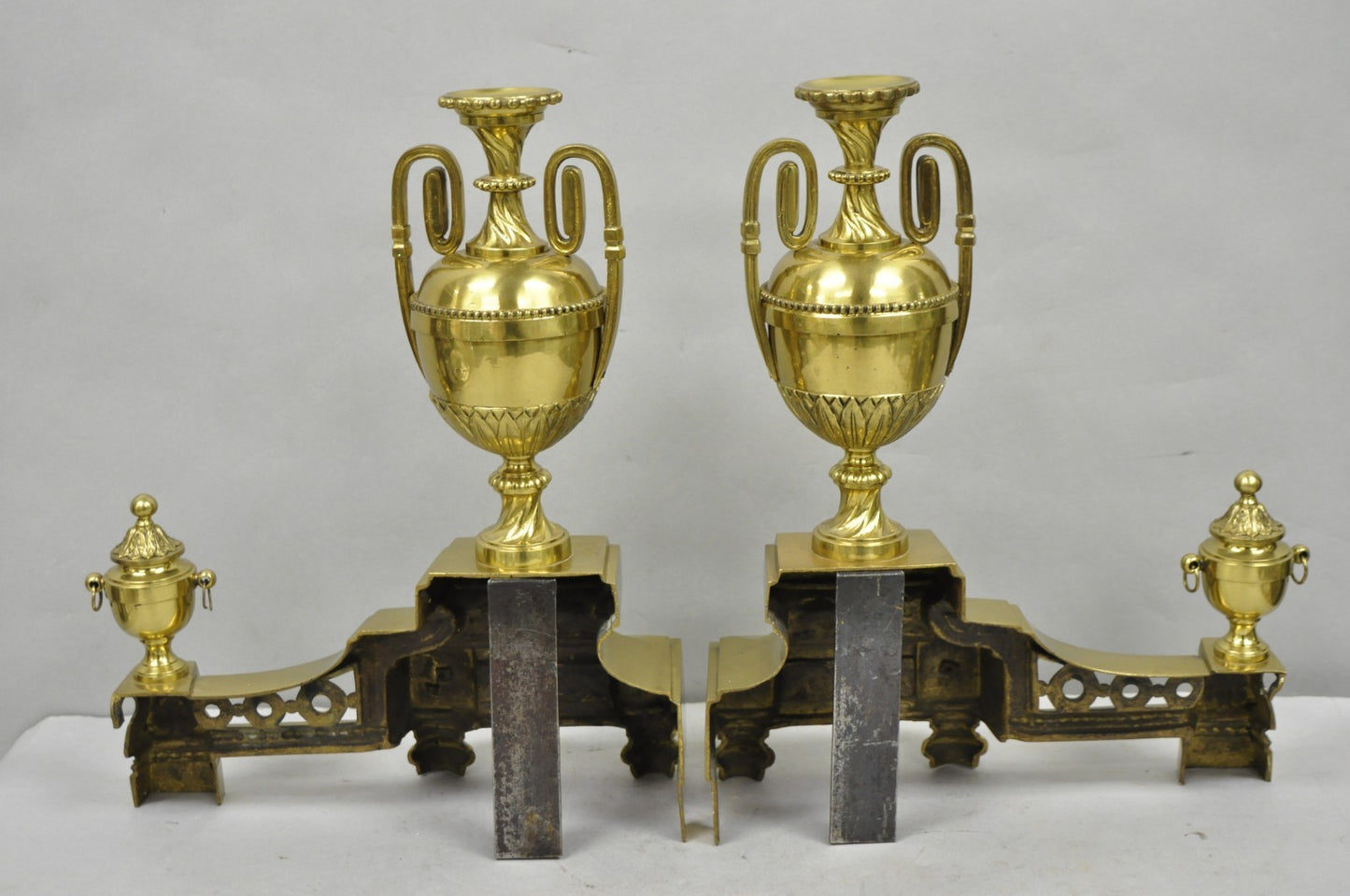 Vintage French Empire Style Gold Brass Urn Fireplace Chenet Andirons - a Pair