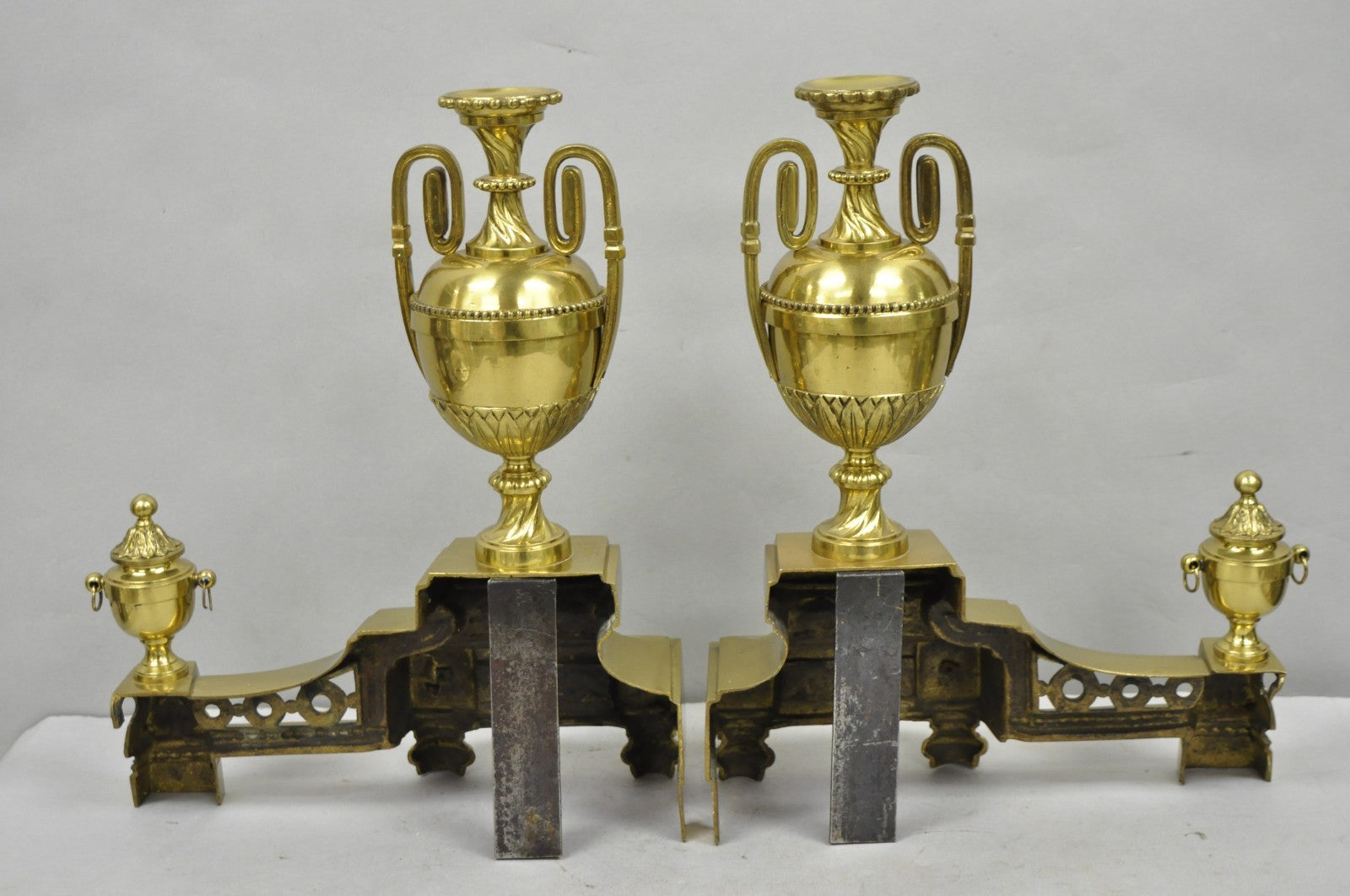 Vintage French Empire Style Gold Brass Urn Fireplace Chenet Andirons - a Pair