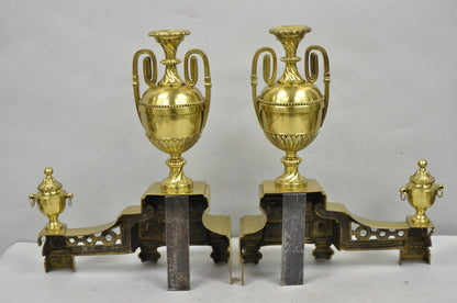 Vintage French Empire Style Gold Brass Urn Fireplace Chenet Andirons - a Pair