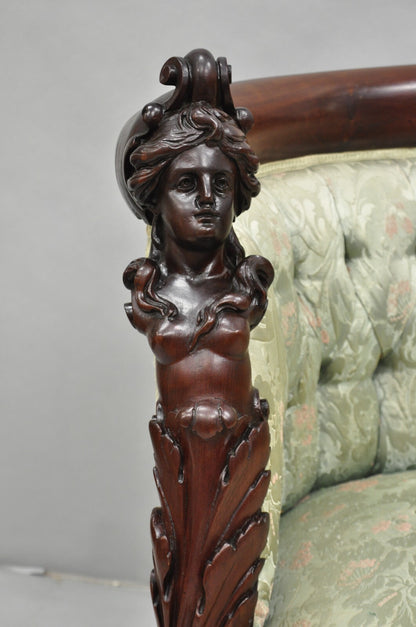 Antique Karpen Victorian Rococo Figural Maiden Carved Mahogany Parlor Club Chair