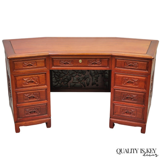 Vintage Chinese Bird Carved Hardwood Kneehole Writing Desk with Decorated Back