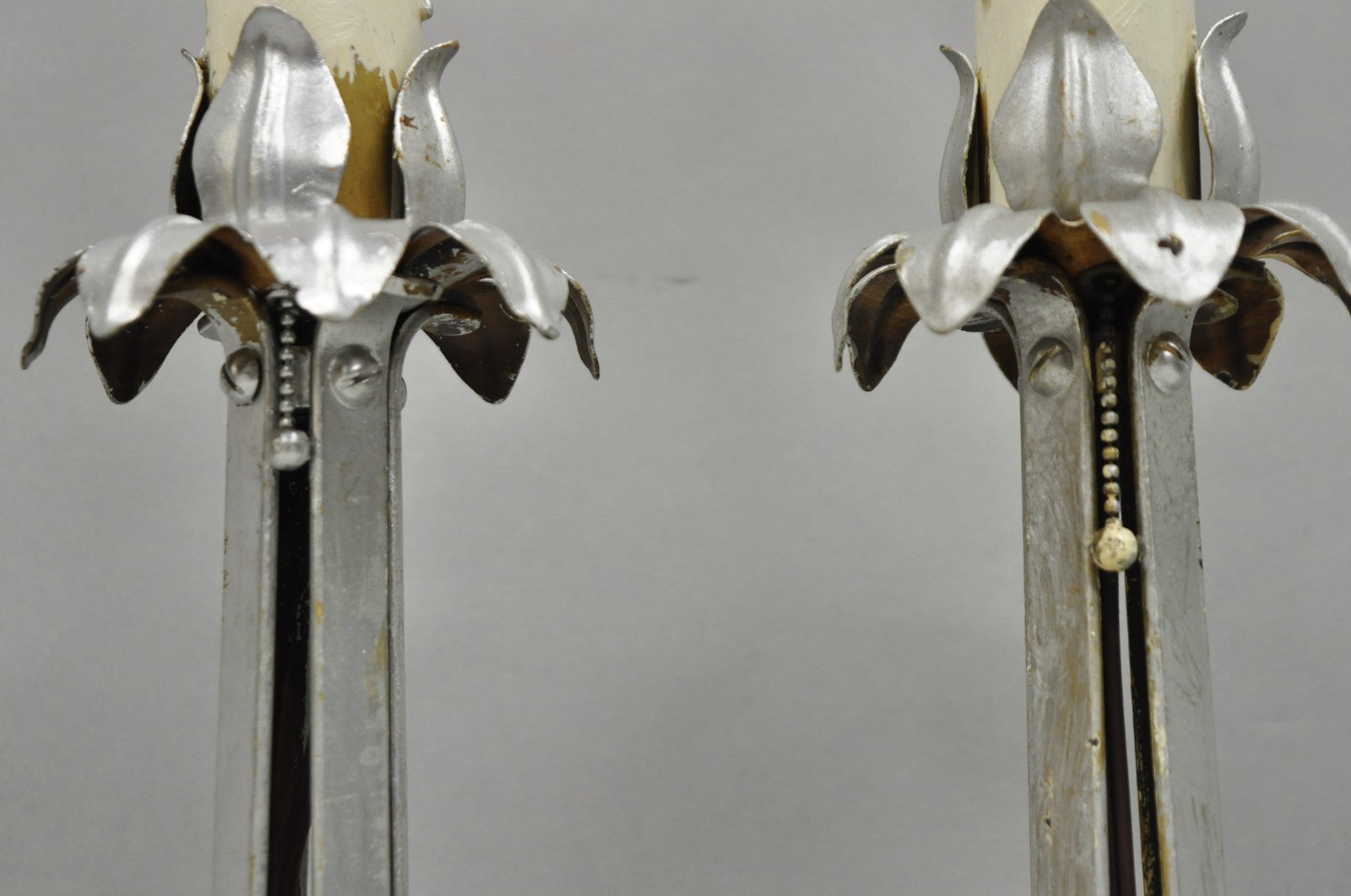 Antique Art Nouveau Wrought Iron Silver Painted Petite Boudoir Table Lamps, Pair