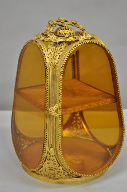 Vintage French Victorian Amber Glass Gold Filigree Vanity Jewelry Box Casket