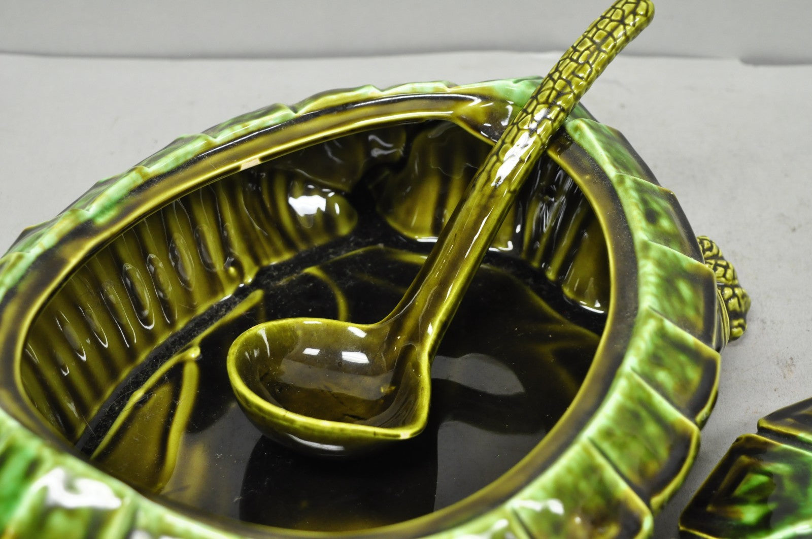 Vintage Tilso Japan Mid Century Modern Green Ceramic Figural Turtle Soup Tureen
