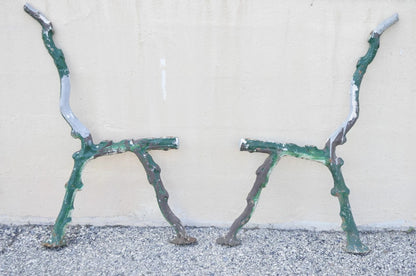 Antique Victorian Cast Iron Faux Bois Green Branch Twig Garden Bench Legs - Pair