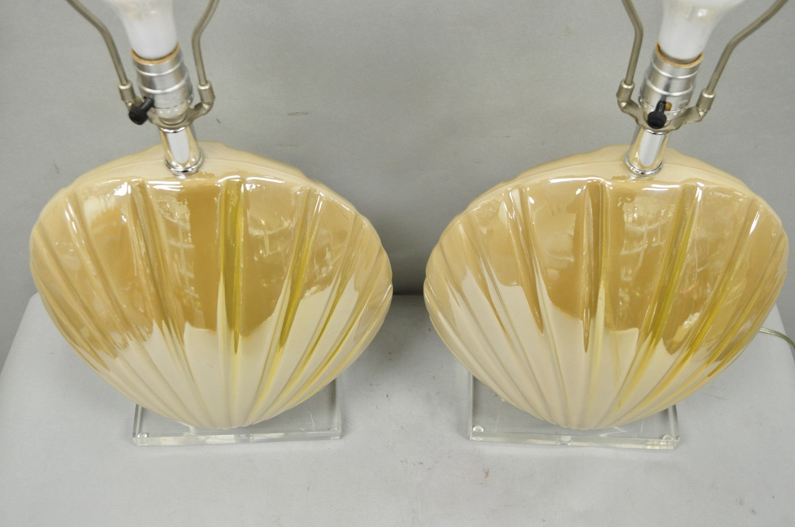 Mid Century Modern Iridescent Gold Ceramic Pottery Clam Shell Table Lamp - Pair