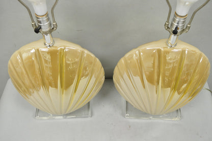 Mid Century Modern Iridescent Gold Ceramic Pottery Clam Shell Table Lamp - Pair